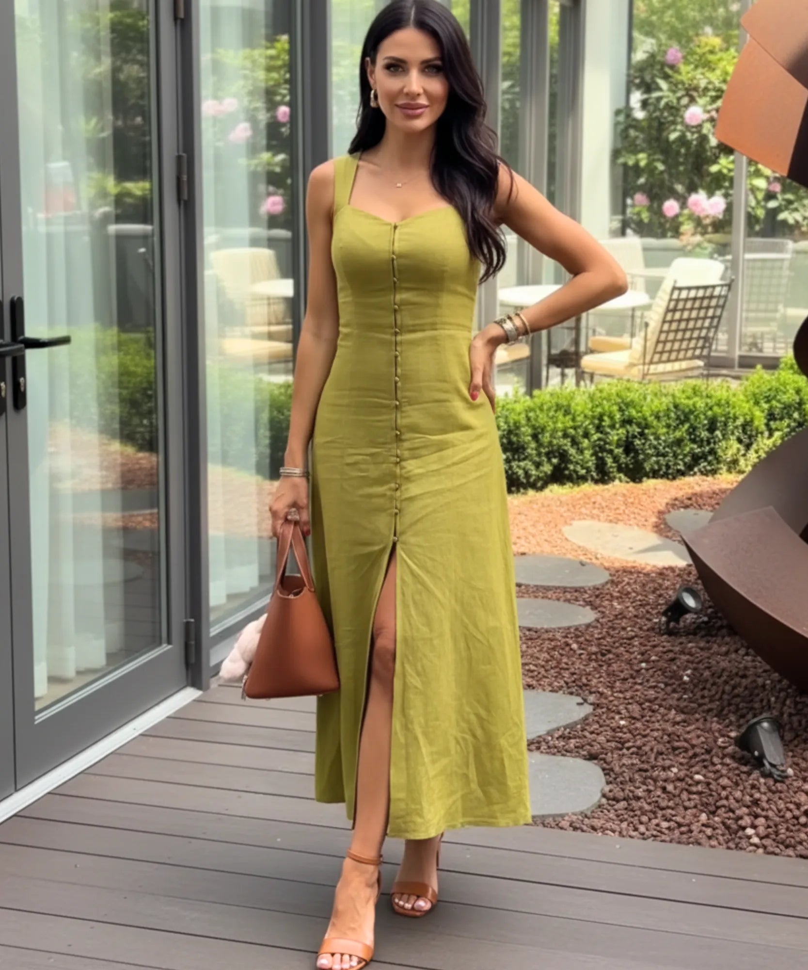 Comprar vestido midi de linho verde com botões frontais e fenda elegante para verão, oferta exclusiva com desconto e frete grátis ZARA