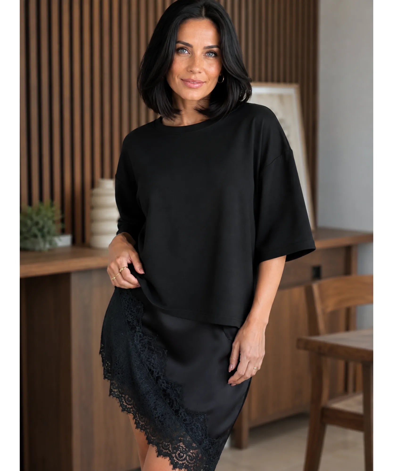 Oversized t-shirt dress with lace asymmetrical hem, styled look