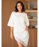 Ivory oversized t-shirt dress with lace asymmetrical hem, front view