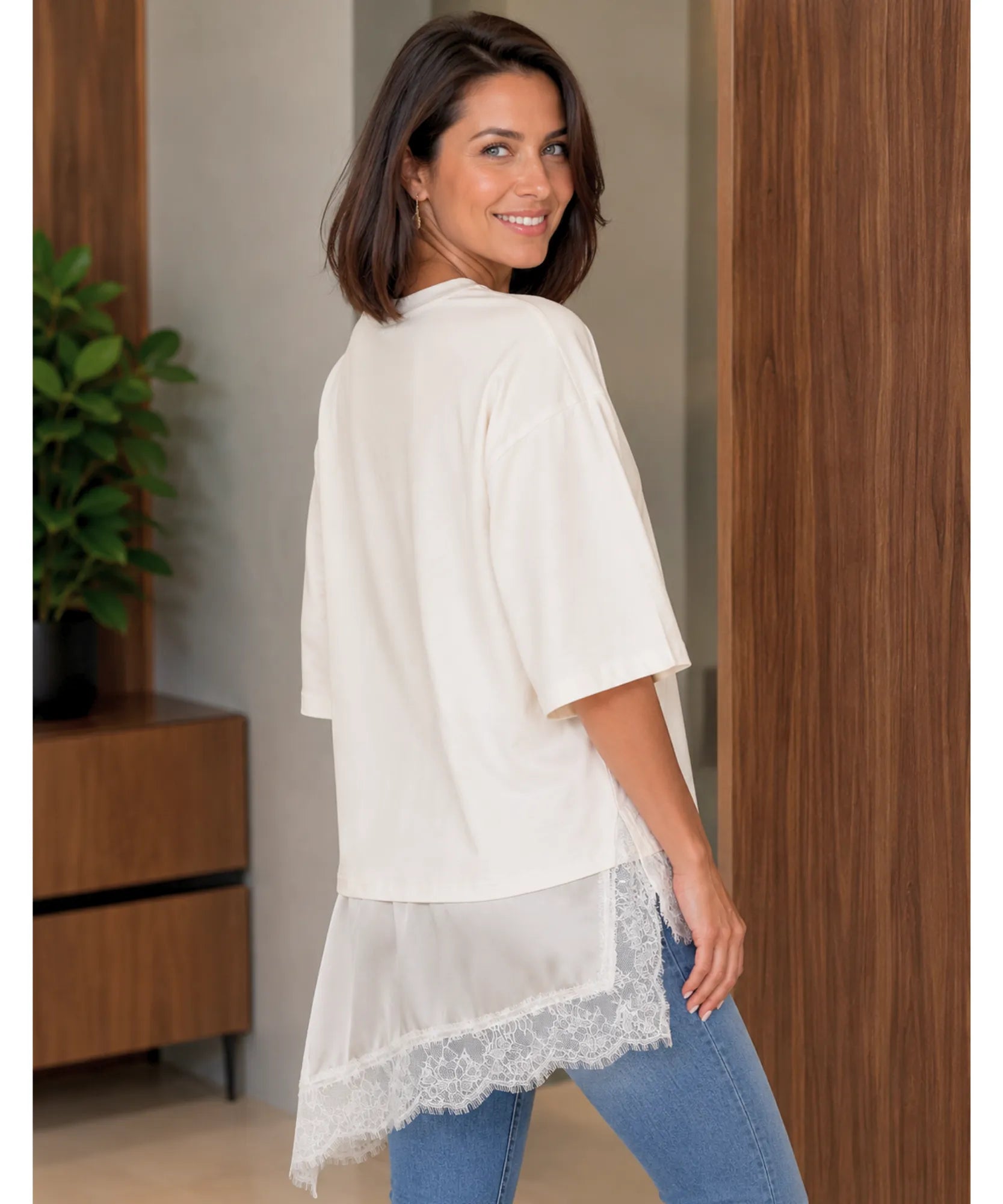 Oversized t-shirt dress with lace hem, front view