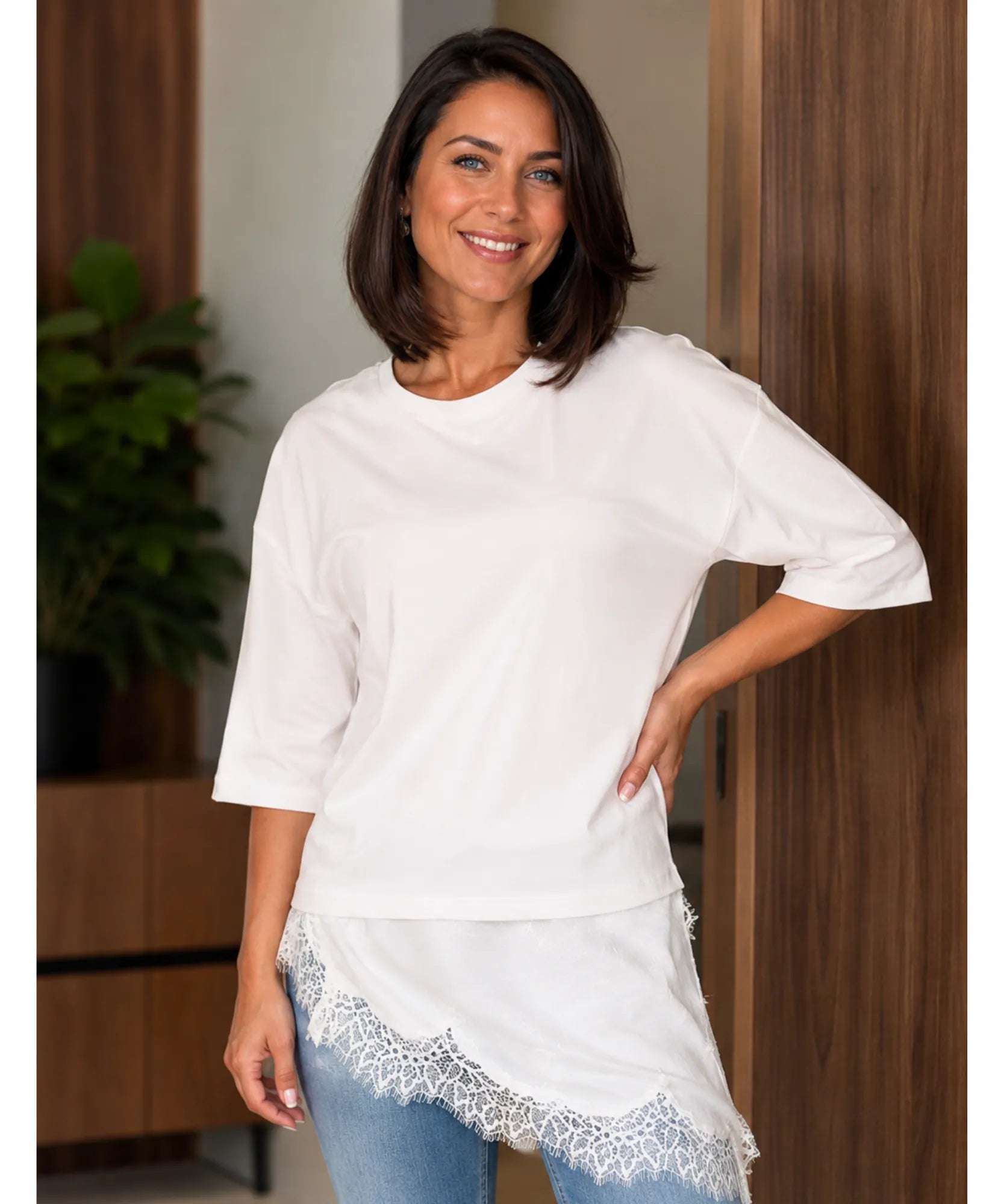 Oversized t-shirt dress with satin panel and lace hem, detail view