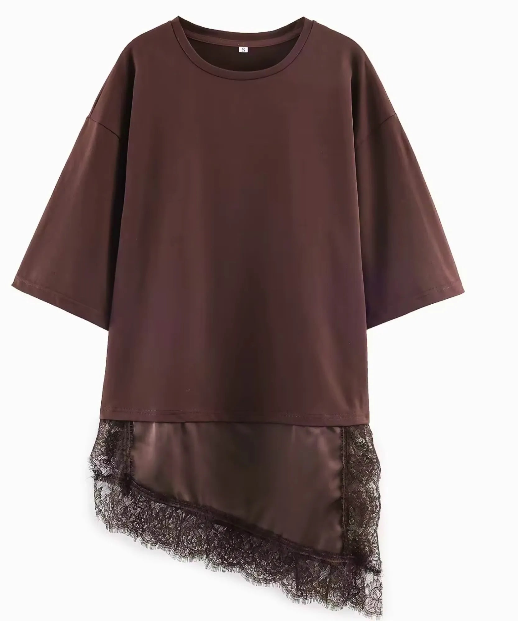 Dark brown t-shirt dress with lace asymmetrical hem, flat lay