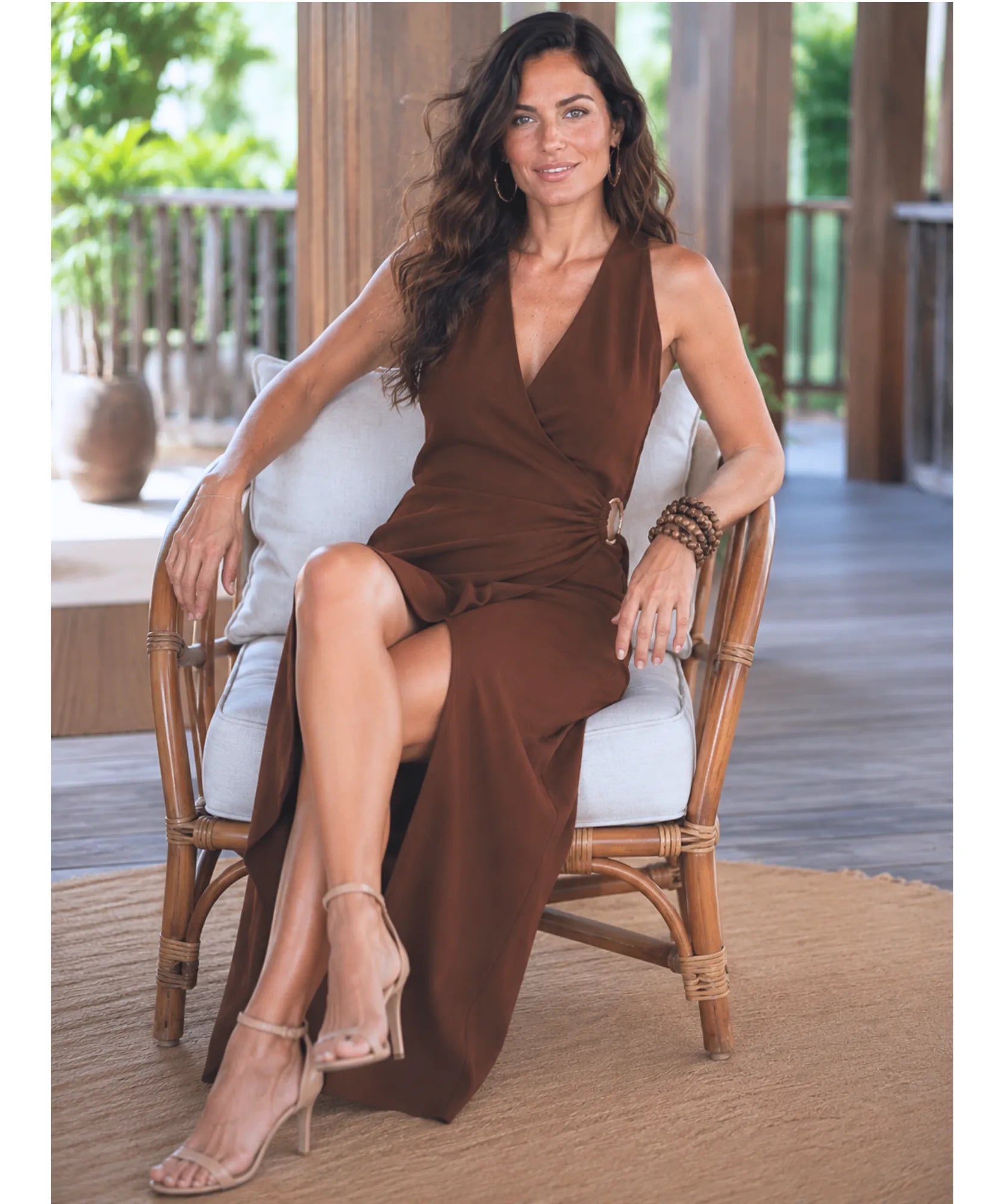 Women's Wrap Midi Dress in Mocha, seated view