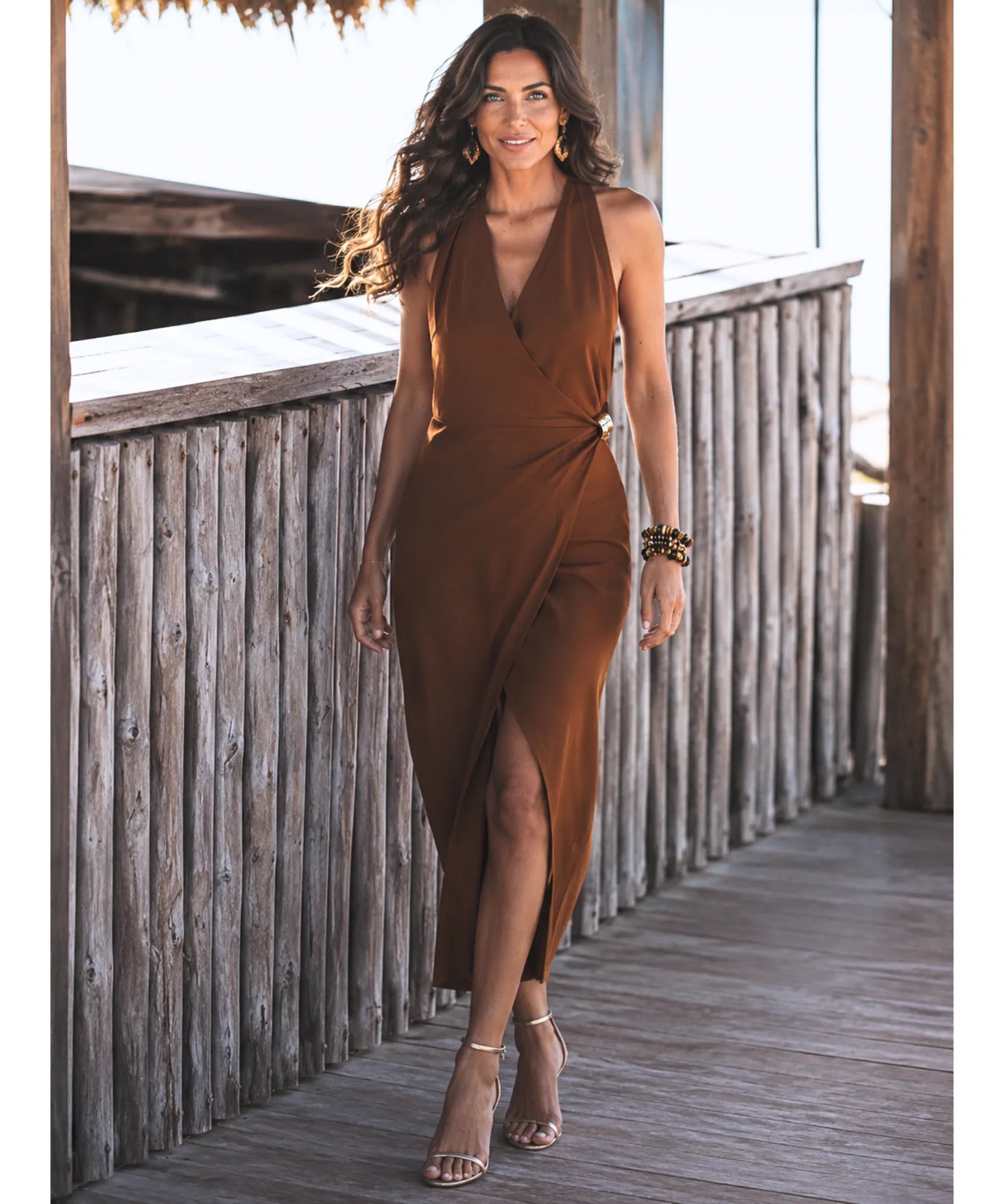 Women's Wrap Midi Dress in Mocha, standing outdoors