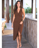 Women's Wrap Midi Dress in Mocha with a V-neckline, full-length front view