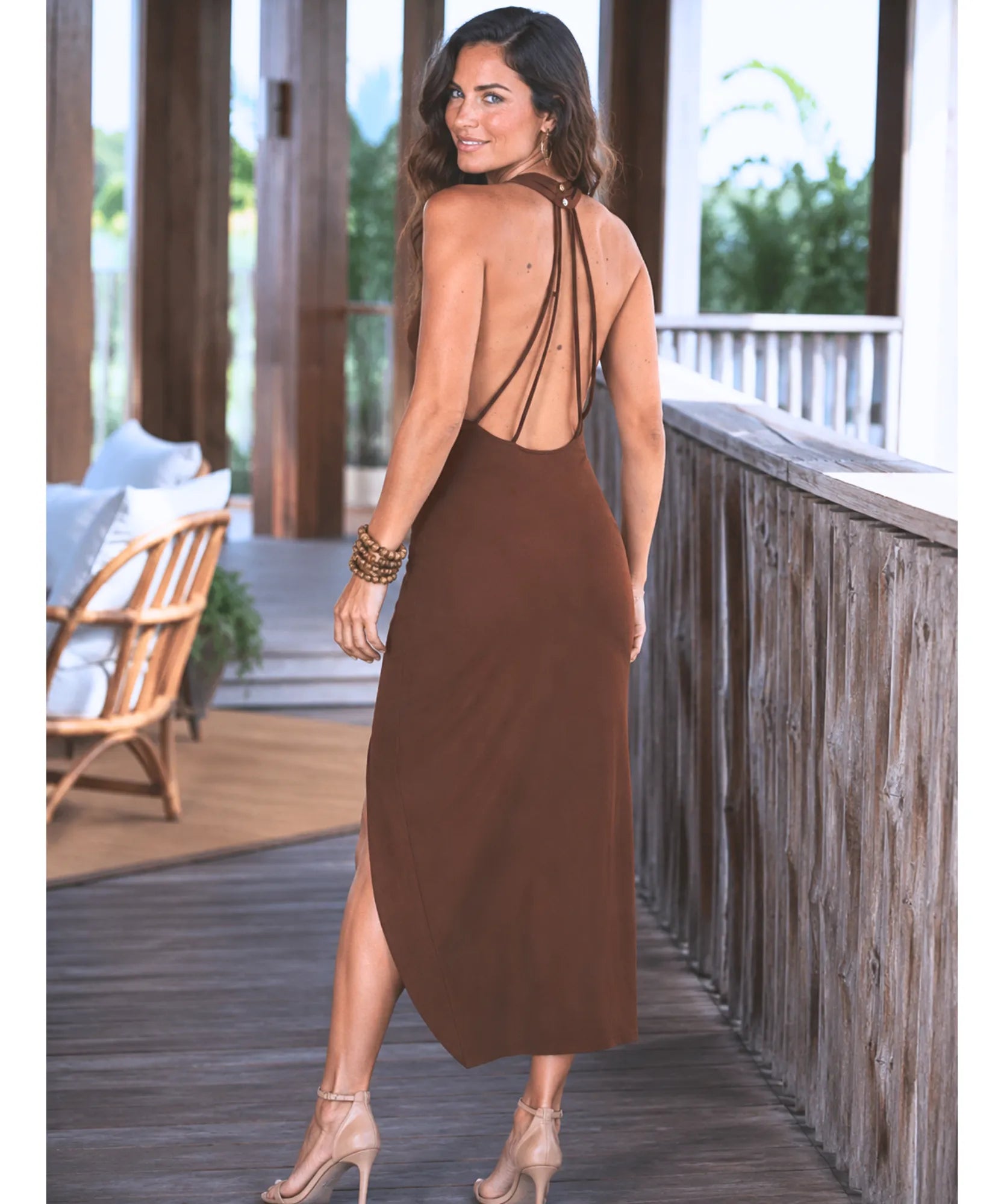 Women's Wrap Midi Dress in Mocha, back view with crossed straps