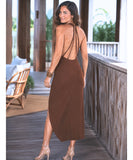 Women's Wrap Midi Dress in Mocha, back view with crossed straps