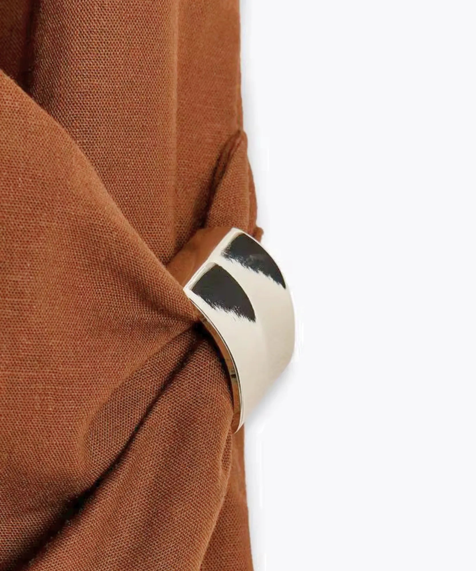 Women's Wrap Midi Dress in Mocha, close-up of the metal ring at the waist