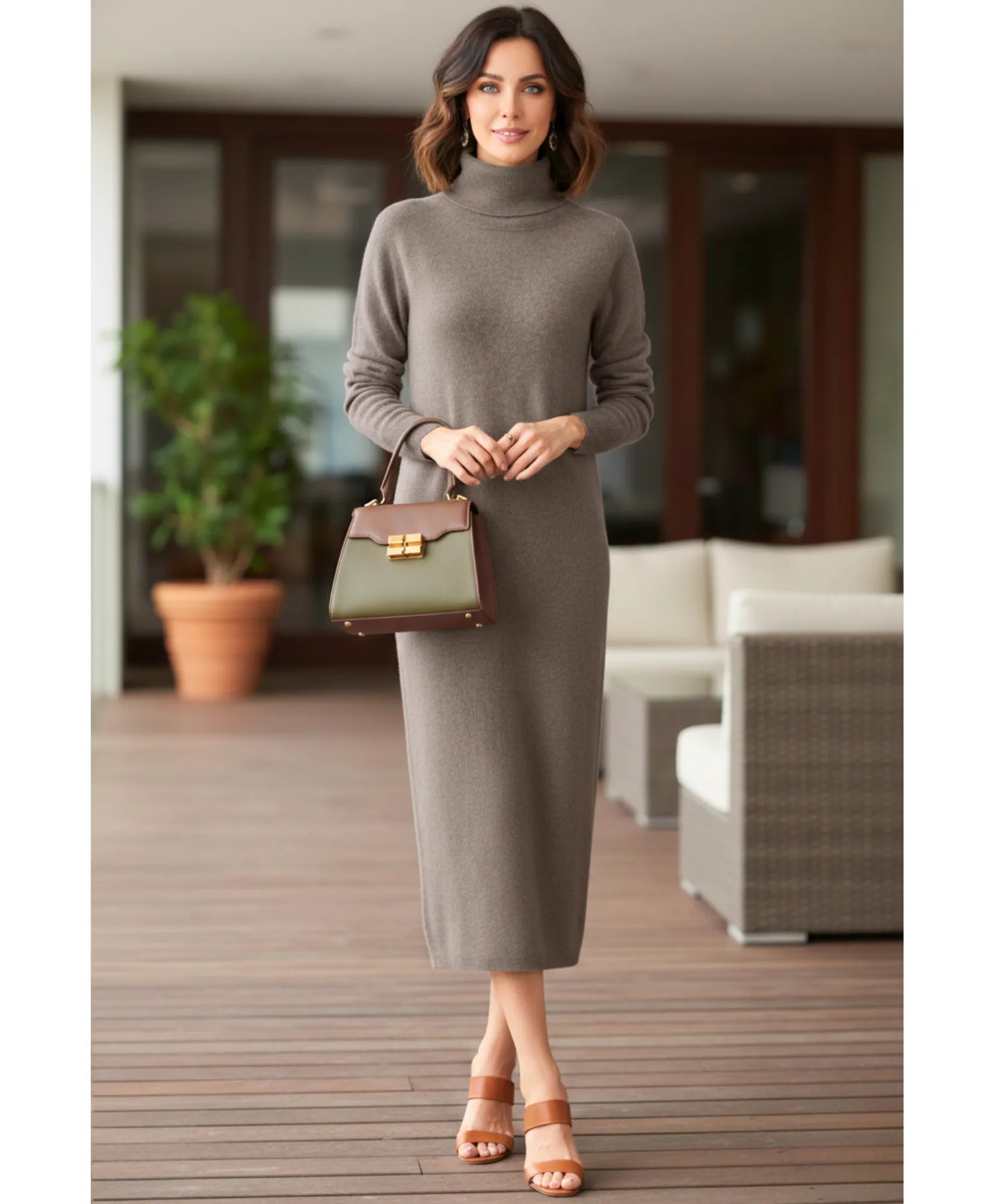 long-sleeve turtleneck midi sweater dress Striped Turtleneck Long Sleeve Midi Sweater Dress