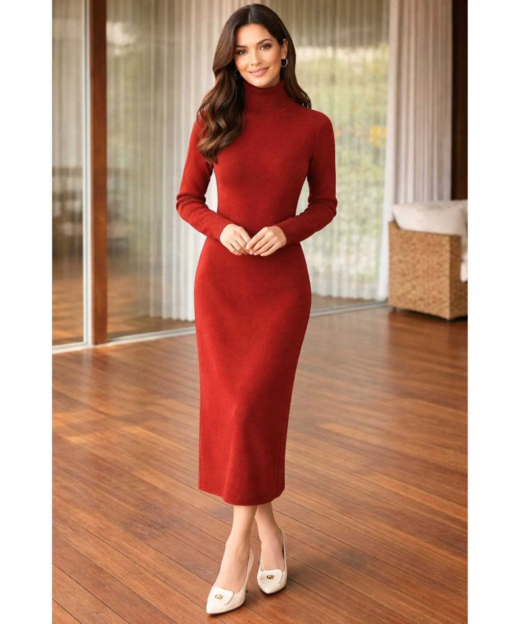 long sleeve turtleneck dress sale Boucle Turtleneck Long Sleeve Maxi Sweater Dress