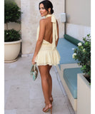 Comprar vestido plissado curto feminino elegante babados frente única amarração costas abertas verão promoção LADY DRESS 
