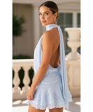Comprar vestido plissado curto feminino elegante babados frente única amarração costas abertas verão promoção LADY DRESS 
