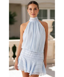Comprar vestido plissado curto feminino elegante babados frente única amarração costas abertas verão promoção LADY DRESS 
