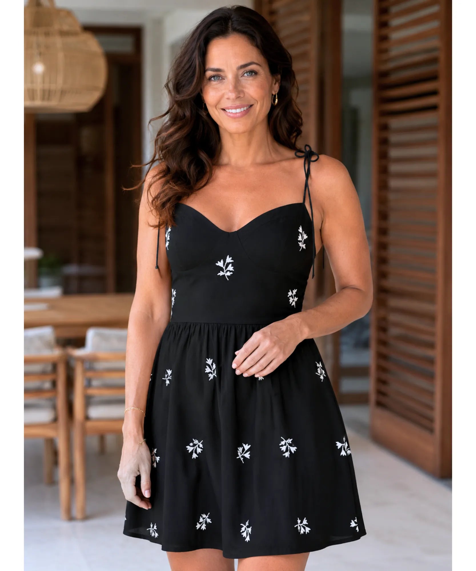 Women's Black Mini Dress with Floral Embroidery, full-length view