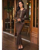 Women's Ribbed Polo Sweater Maxi Dress in Dark Brown, front view