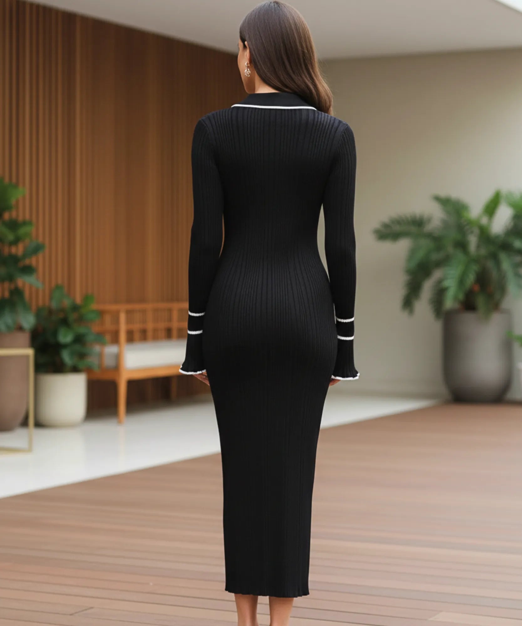 Women's Ribbed Polo Sweater Maxi Dress in Black, on model