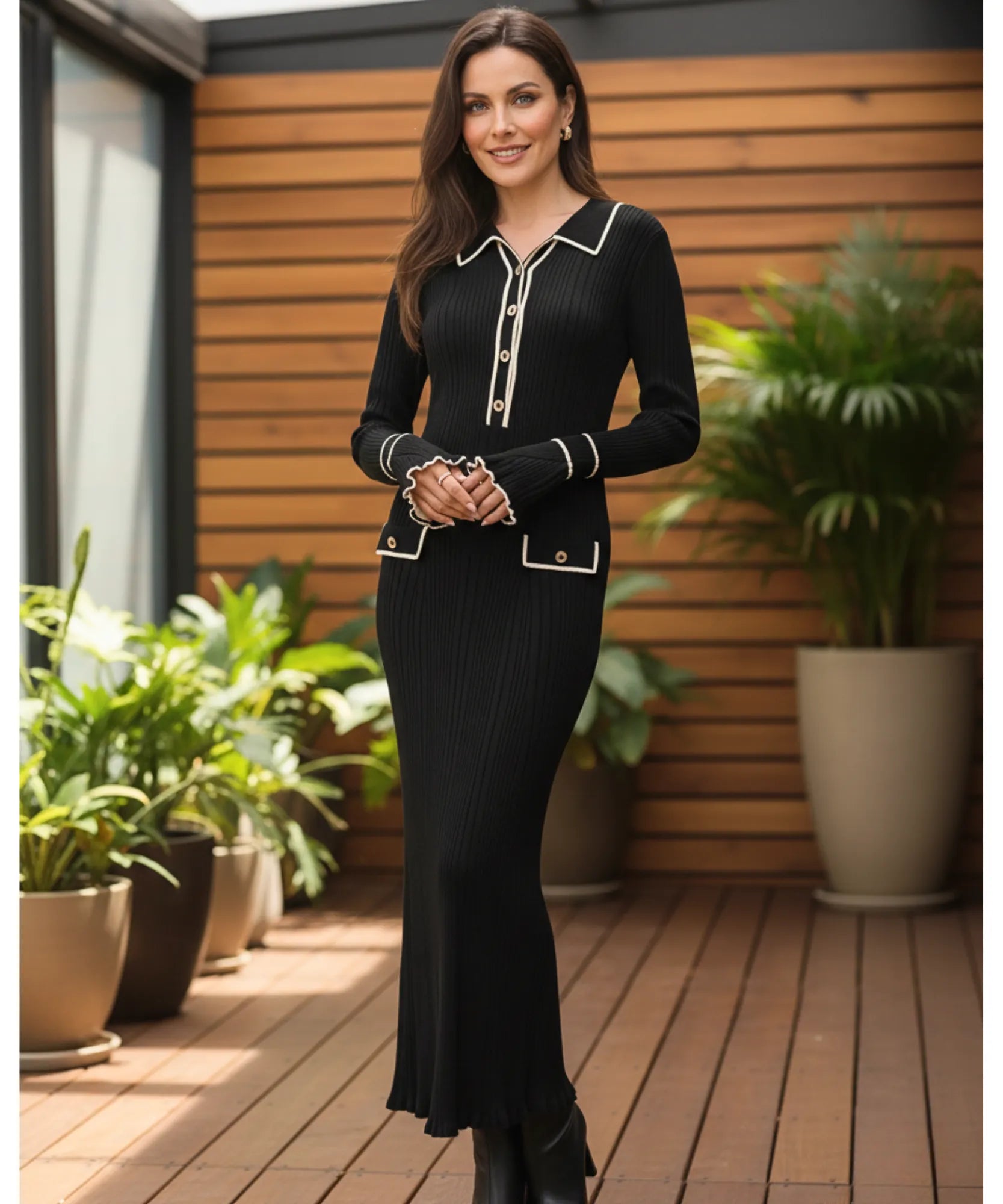 Women's Ribbed Polo Sweater Maxi Dress in Black, front view