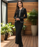 Women's Ribbed Polo Sweater Maxi Dress in Black, front view