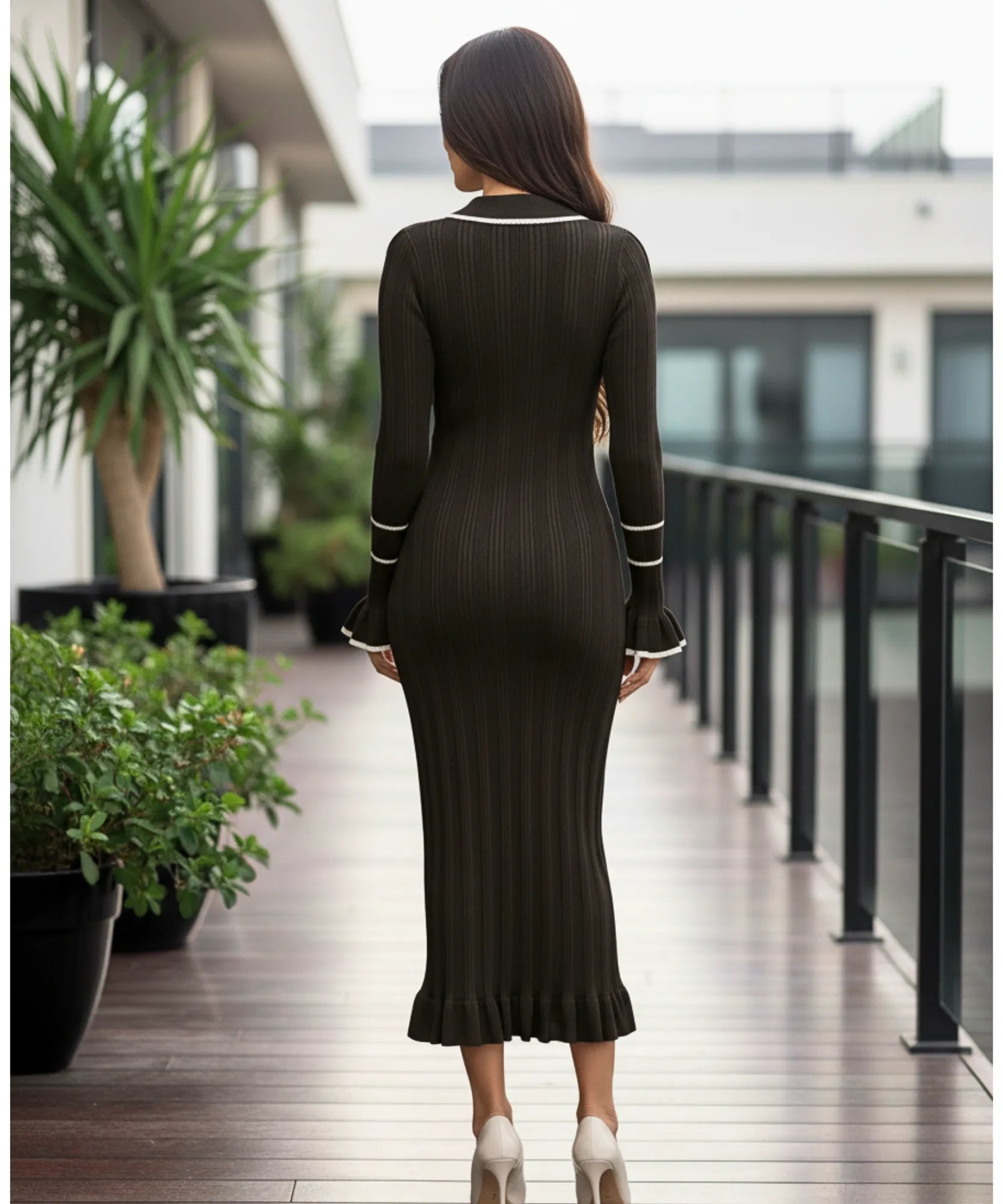 Women's Ribbed Polo Sweater Maxi Dress in Black, full-length styled look