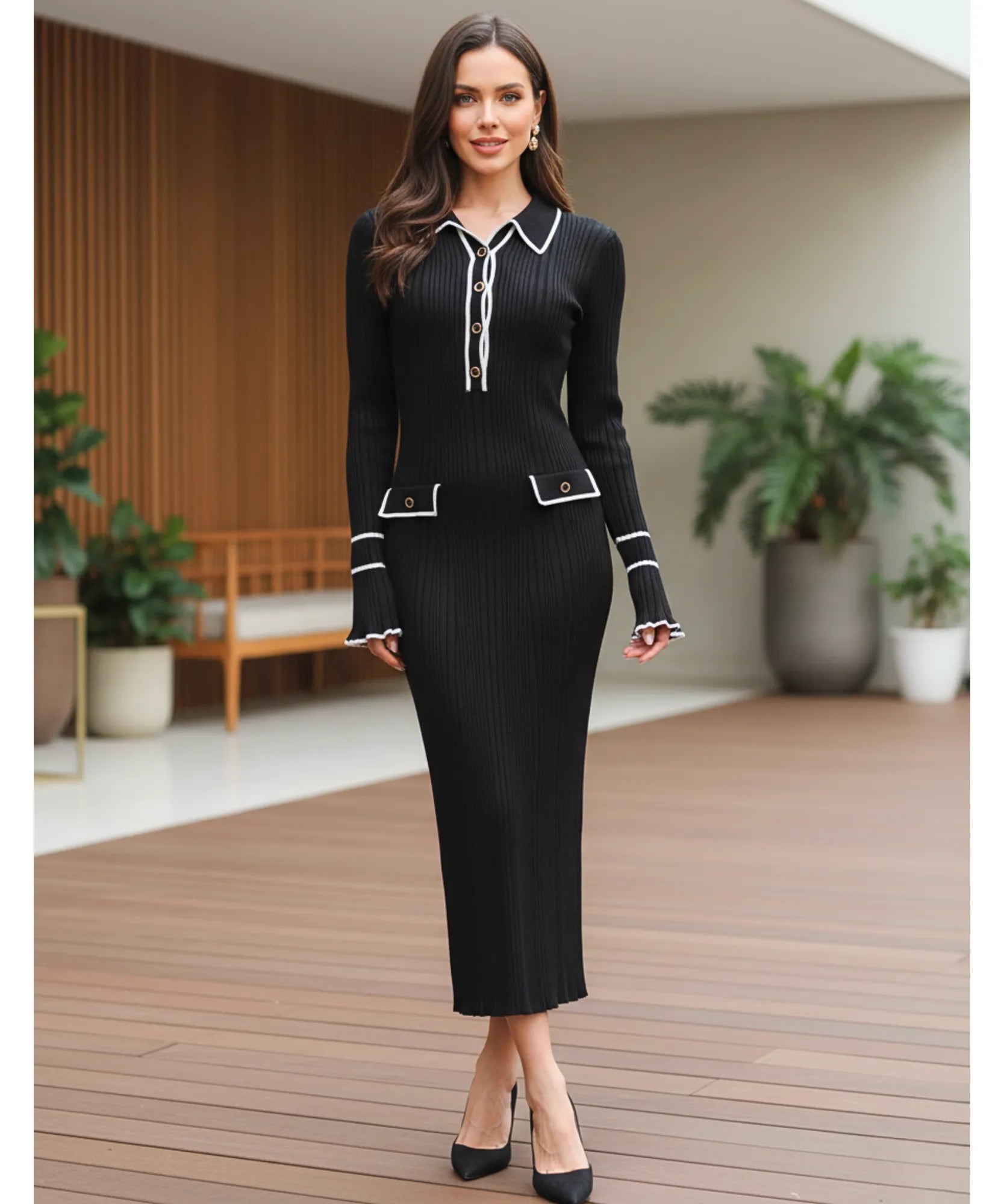 Women's Ribbed Polo Sweater Maxi Dress in Black, full-length view