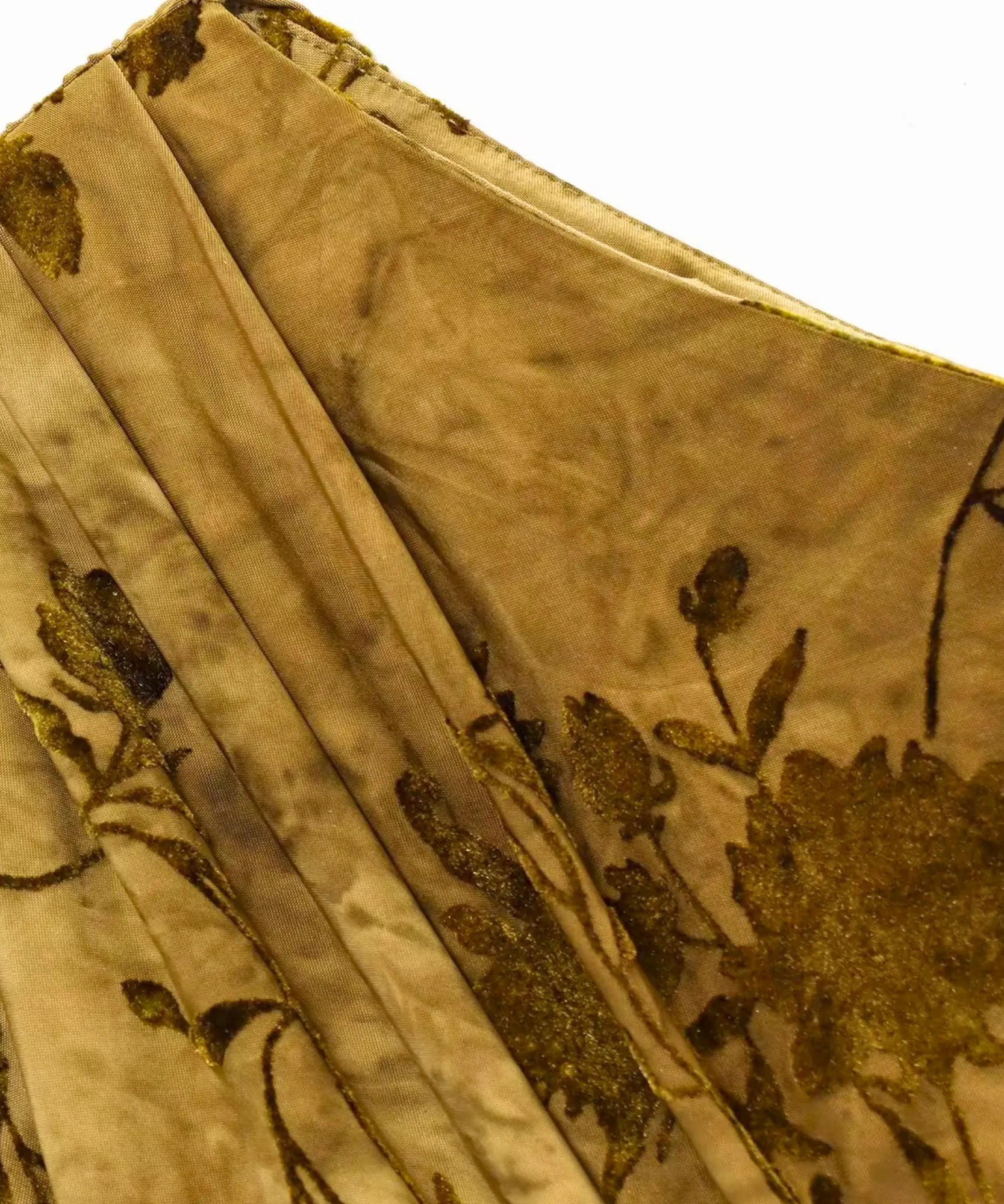 Burnout velvet floral detail on an olive green maxi dress