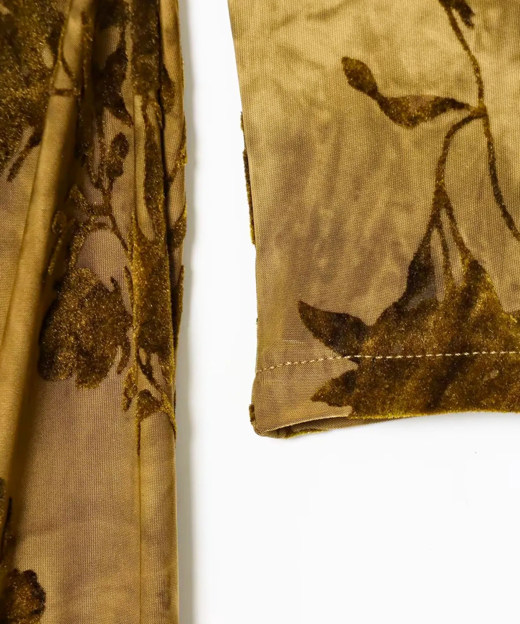 Olive green burnout velvet maxi dress, fabric close-up