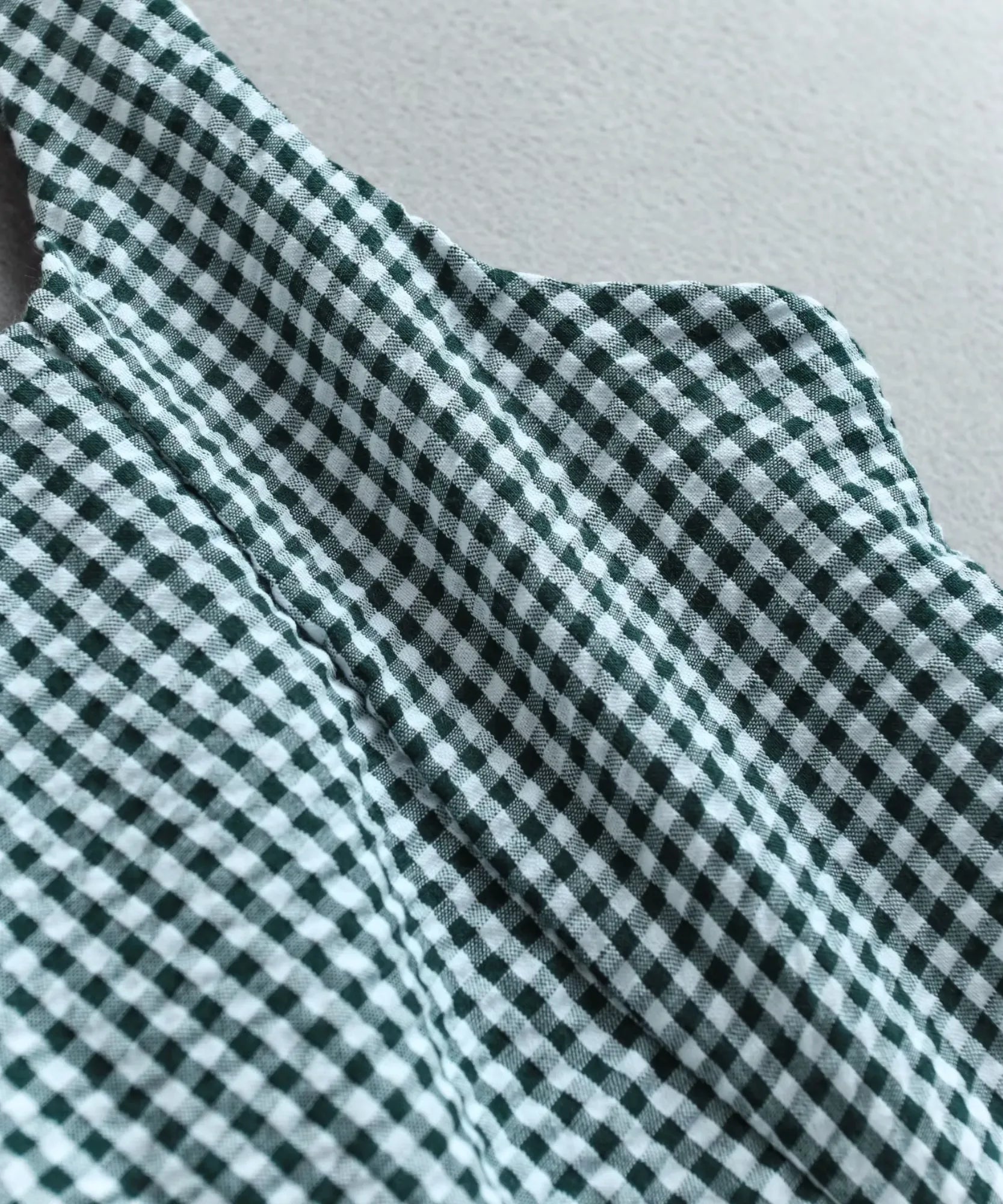 Women's Green Gingham Midi Dress with Square Neckline, gingham fabric close-up