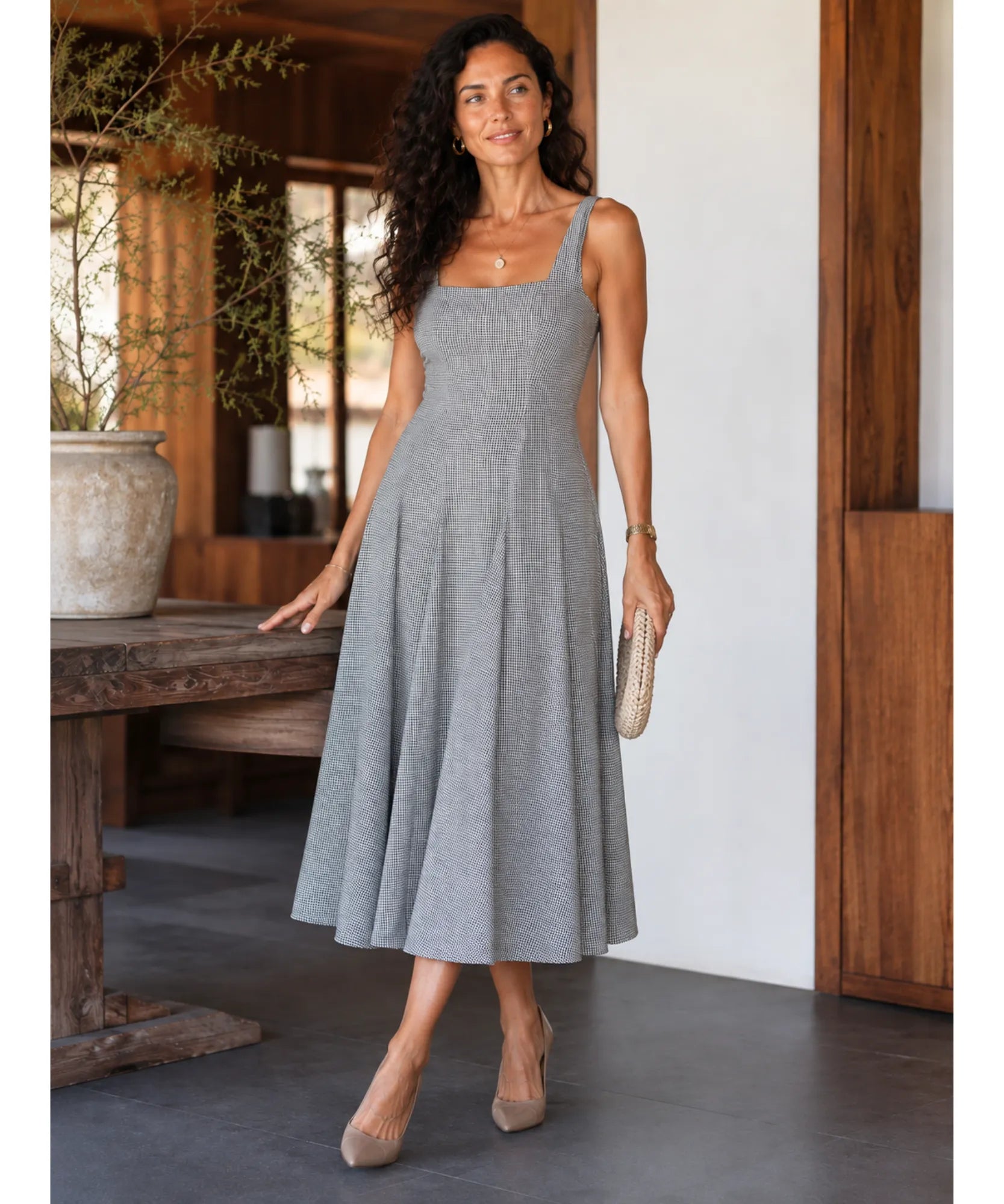 Women's Green Gingham Midi Dress with Square Neckline, standing view