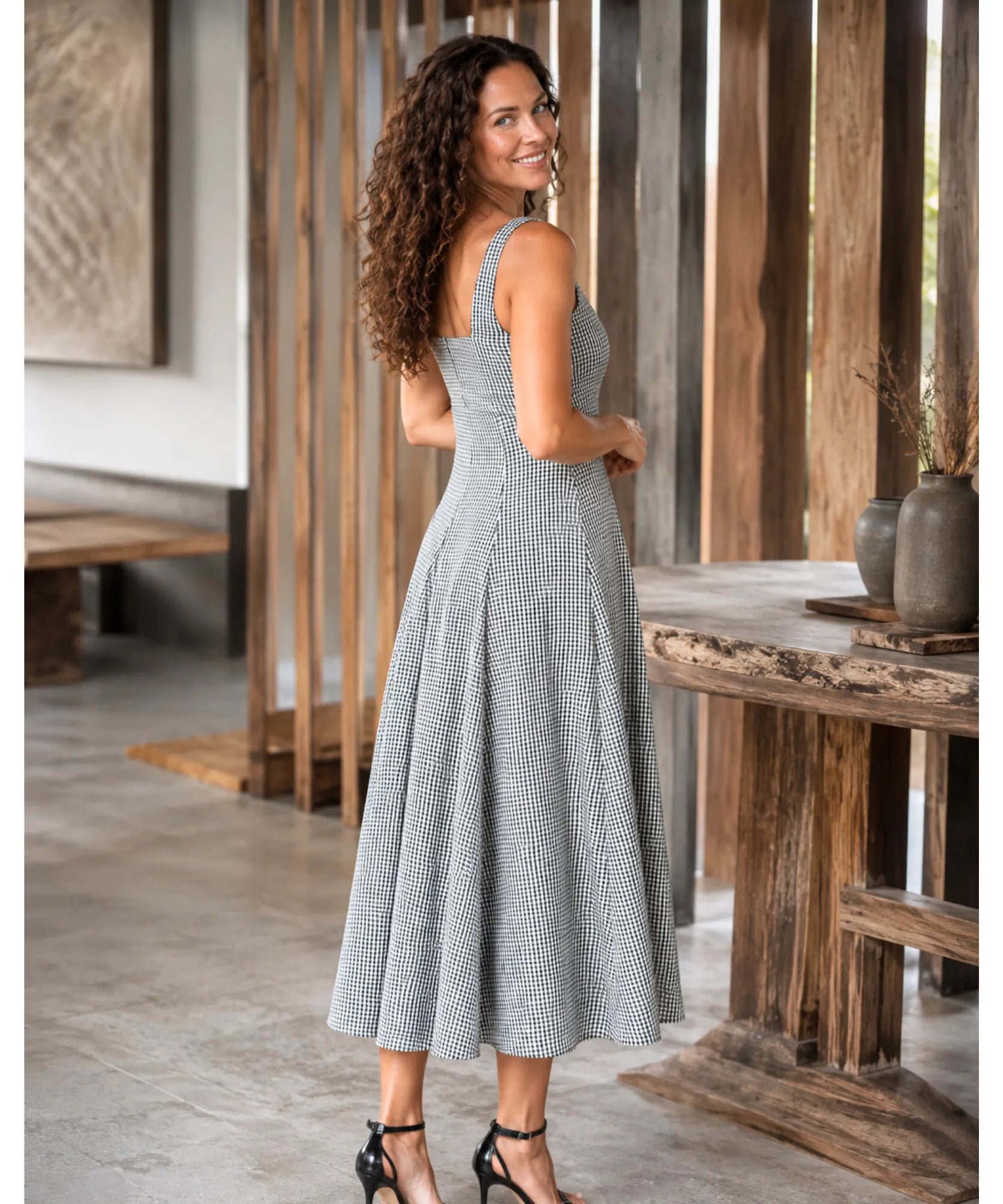 Women's Green Gingham Midi Dress with Square Neckline, side view