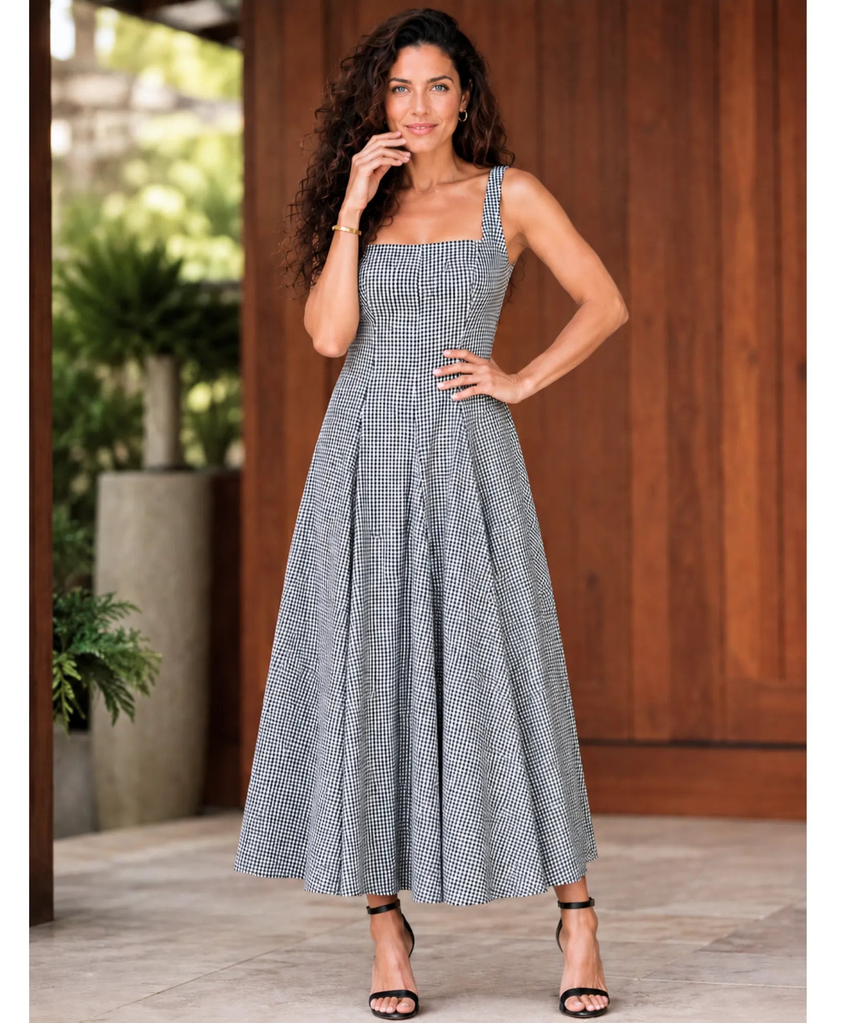Women's Green Gingham Midi Dress with Square Neckline, full-length front view