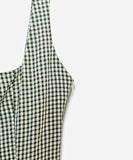 Women's Green Gingham Midi Dress with Square Neckline, bodice and strap detail