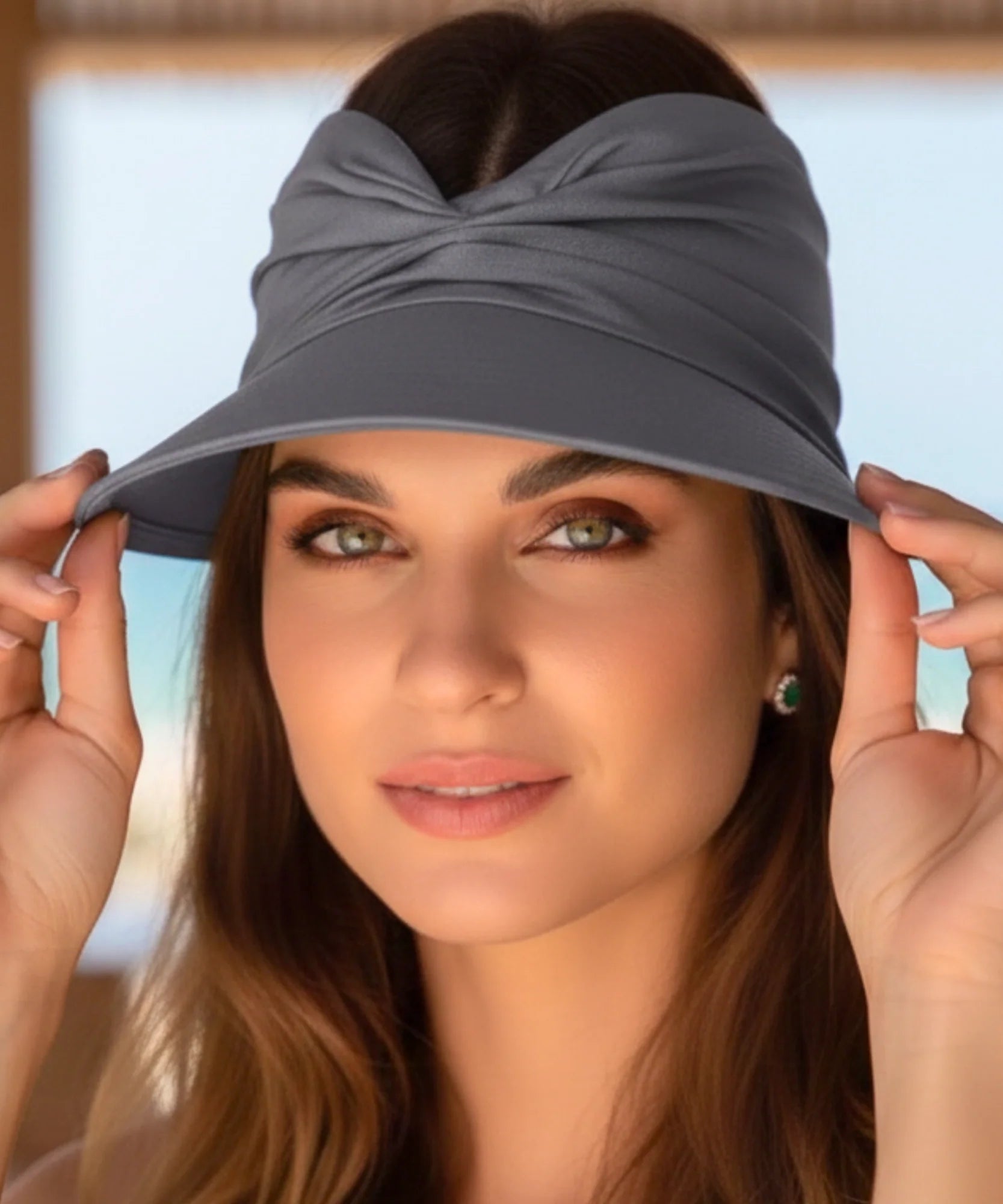 Comprar viseira feminina com topo franzido drapeado ajustável proteção UV para praia verão corrida e atividades barato