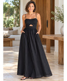 Women's Black Cutout Maxi Dress with Thin Adjustable Straps | Xami