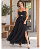 Women's Black Cutout Maxi Dress with Thin Adjustable Straps | Xami