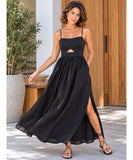 Women's Black Cutout Maxi Dress with Thin Adjustable Straps | Xami