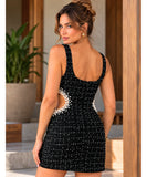 Women's Black Sequin Mini Dress with Pearl Side Cutouts | Lilica