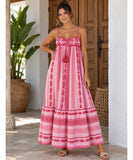 Boho Ethnic Print Maxi Dress with Crochet Bust and Tassel Detail | Lexa