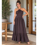 Women's Boho Strapless Maxi Dress with Rosette Halter Detail | Amaryllis