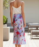Women's Floral Satin Midi Skirt with Ruched Front Slit | Mary