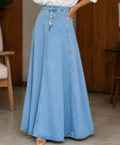 Women's High Waist Denim Maxi Skirt with Button Front and A-Line Flare | Ioná