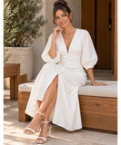Women's Ivory Linen Midi Dress with Button Front and Open Back | Massie