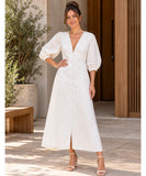 Women's Ivory Linen Midi Dress with Button Front and Open Back | Massie