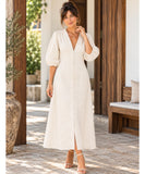 Women's Ivory Linen Midi Dress with Button Front and Open Back | Massie