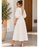 Women's Ivory Linen Midi Dress with Button Front and Open Back | Massie