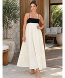 Women's Linen Maxi Dress with Contrast Bodice and Spaghetti Straps | Jenny
