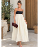 Women's Linen Maxi Dress with Contrast Bodice and Spaghetti Straps | Jenny