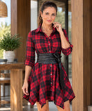 Women's Plaid Shirt Dress with Tie Waist and Asymmetric Skirt | Aya