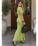 Women's Ribbed Knit Maxi Dress with Keyhole Mock Neck and Short Sleeves | Fia