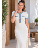 Women's White Ribbed Knit Midi Dress with Denim Trim | Lua