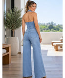 Women’s Wide Leg Denim Jumpsuit with Shirt Collar | Rosae